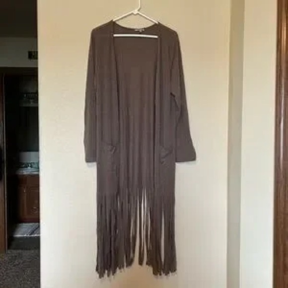 JODIFL Taupe Brown Fringe Cardigan Long Open Front Size Large - Picture 2 of 7